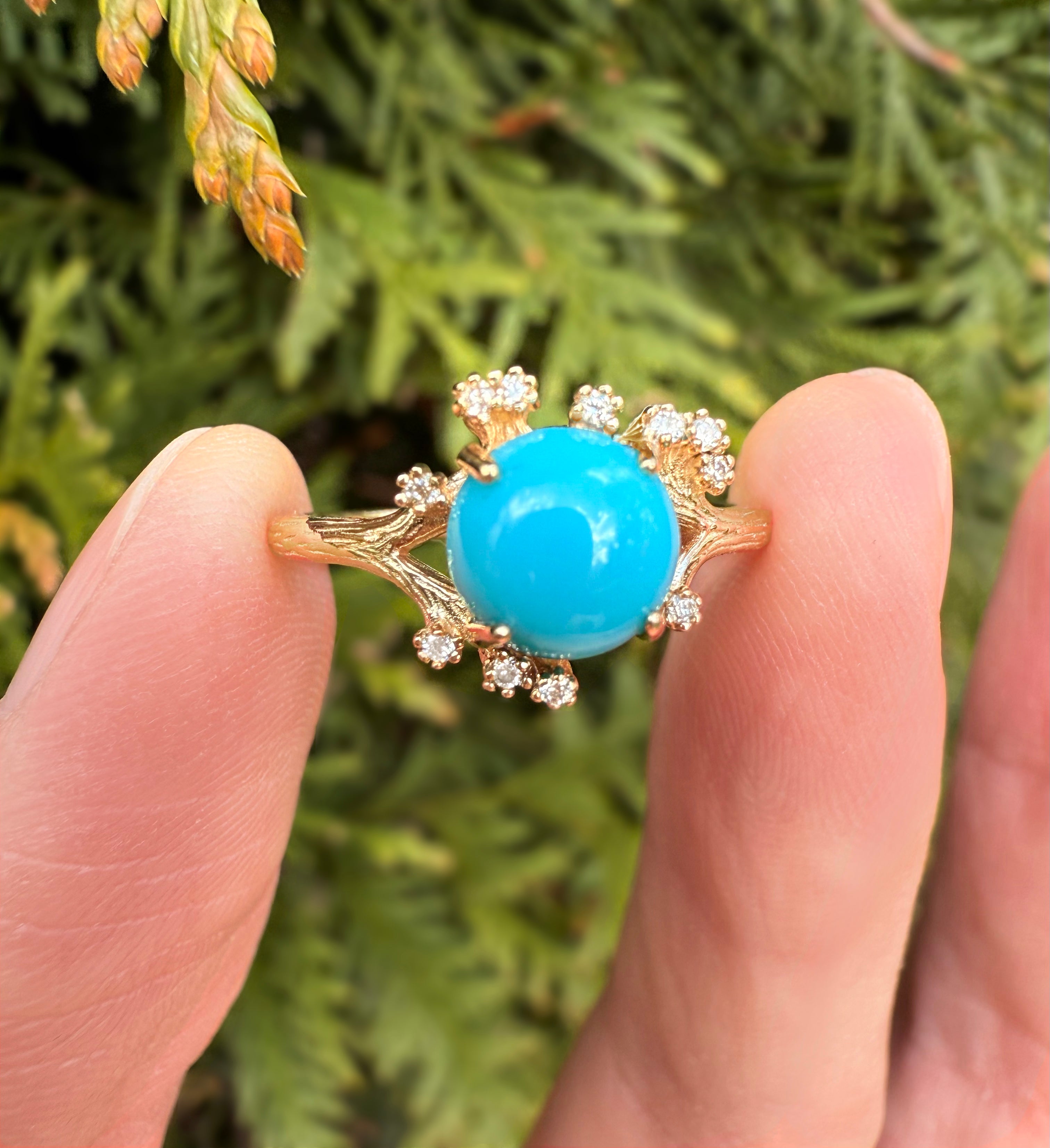 The Oculus 14k Gold Turquoise Engagement ring, Natural Turquoise Engagement ring, Floral Wedding Ring, Statement ring