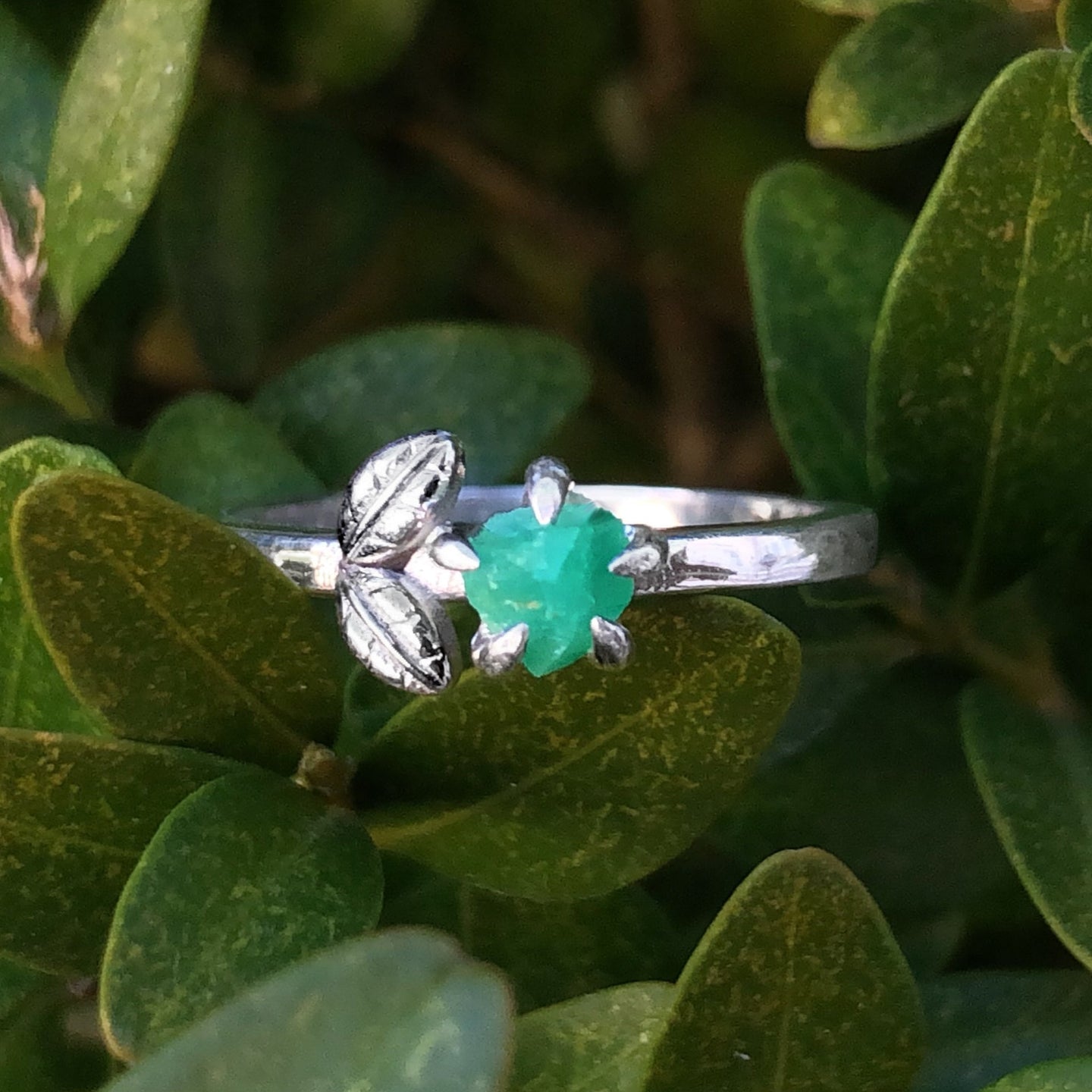 Emerald Engagement ring, Leafy Ring
