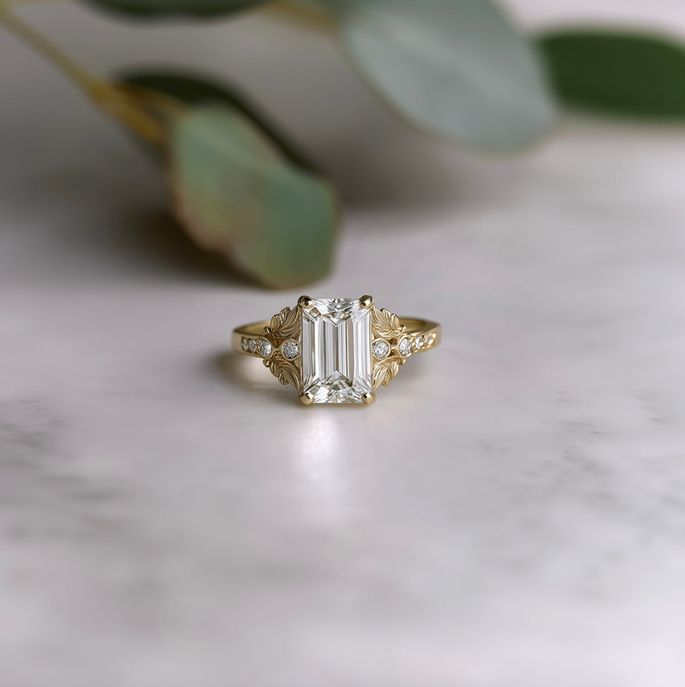 Emerald Cut Lab Diamond Engagement Ring, Leafy Diamond Engagement Ring