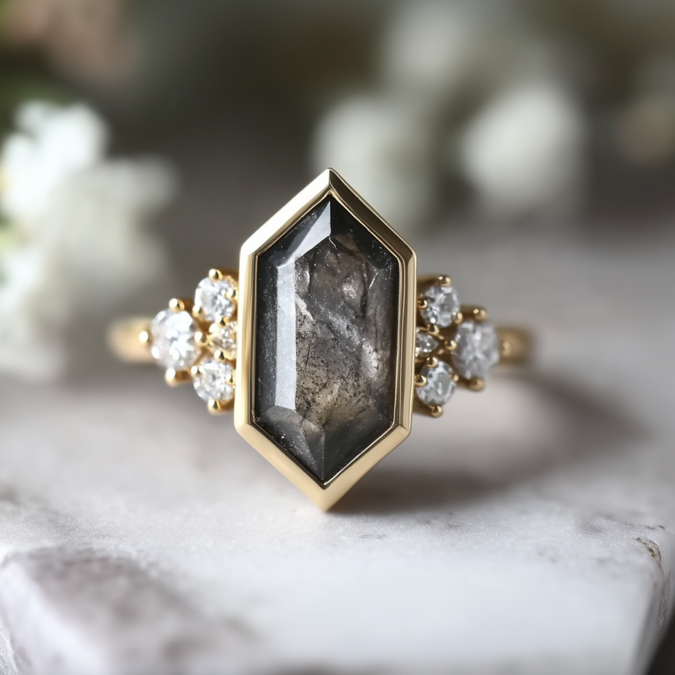 Gold ring with a central black diamond and diamond-like stones on a marble surface