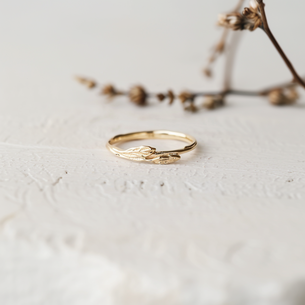 Sage Breeze, 14k Gold Wedding Ring, Leafy Ring