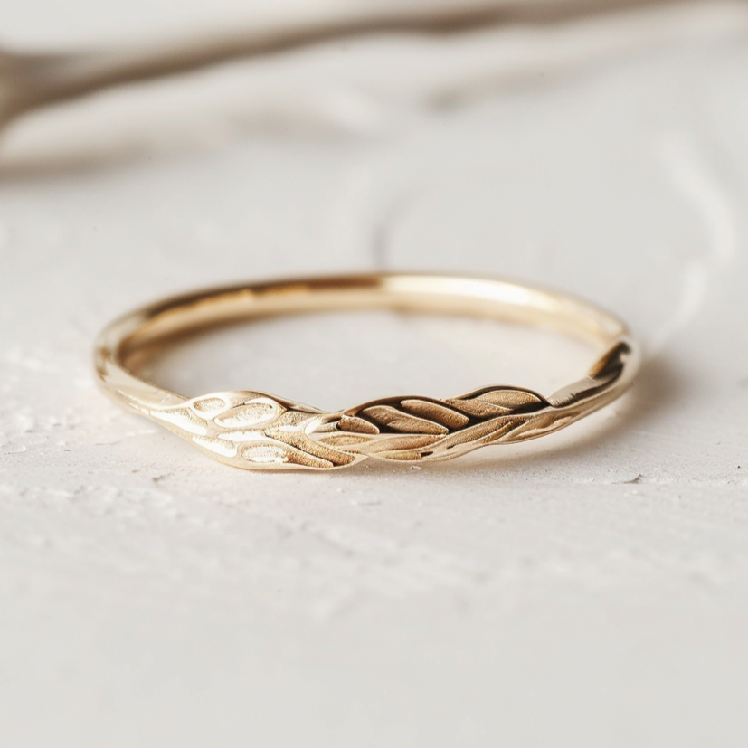 Prospera Ring 14k Gold Matching Leafy Ring, Leafy wedding band