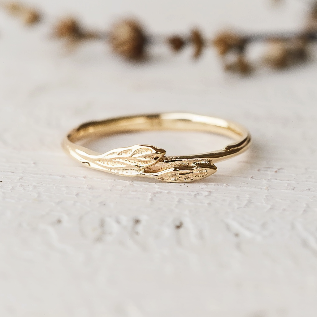 14k Gold Wedding Ring, Leafy Ring