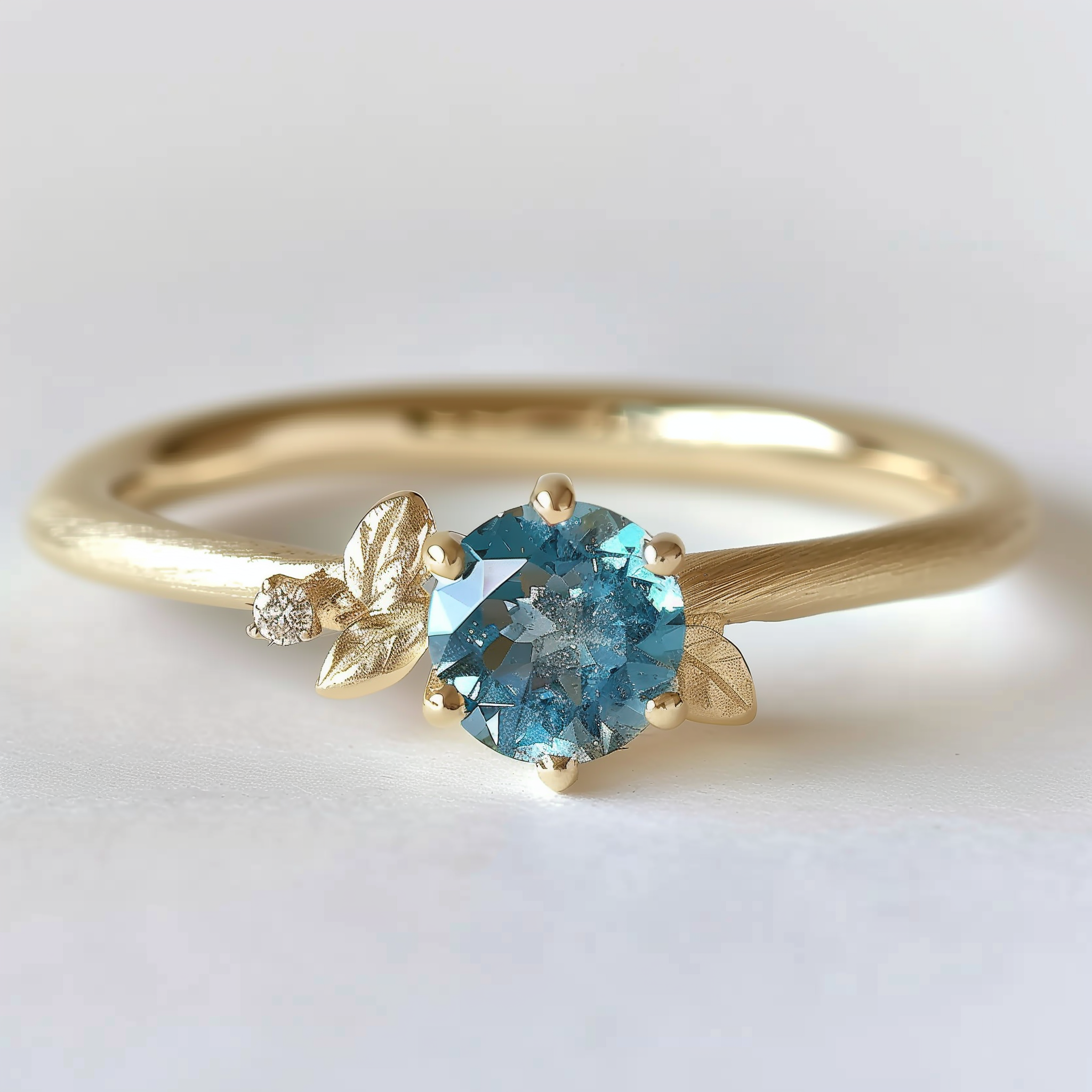 Blue Diamond Engagement Ring, Leafy band diamond ring, Minimalist Ring