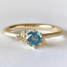 Load image into Gallery viewer, Blue Kyanite Engagement Ring, Leafy band diamond ring Minimalist
