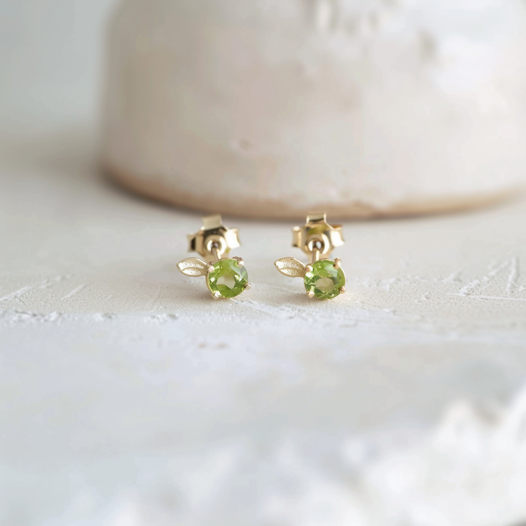 14k Peridot Studs, Dainty leaf green crystal studs