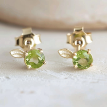 Load image into Gallery viewer, 14k Peridot Studs, Dainty leaf green crystal studs
