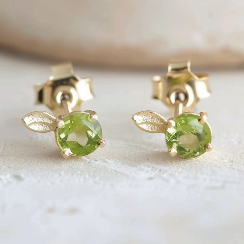 14k Peridot Studs, Dainty leaf green crystal studs