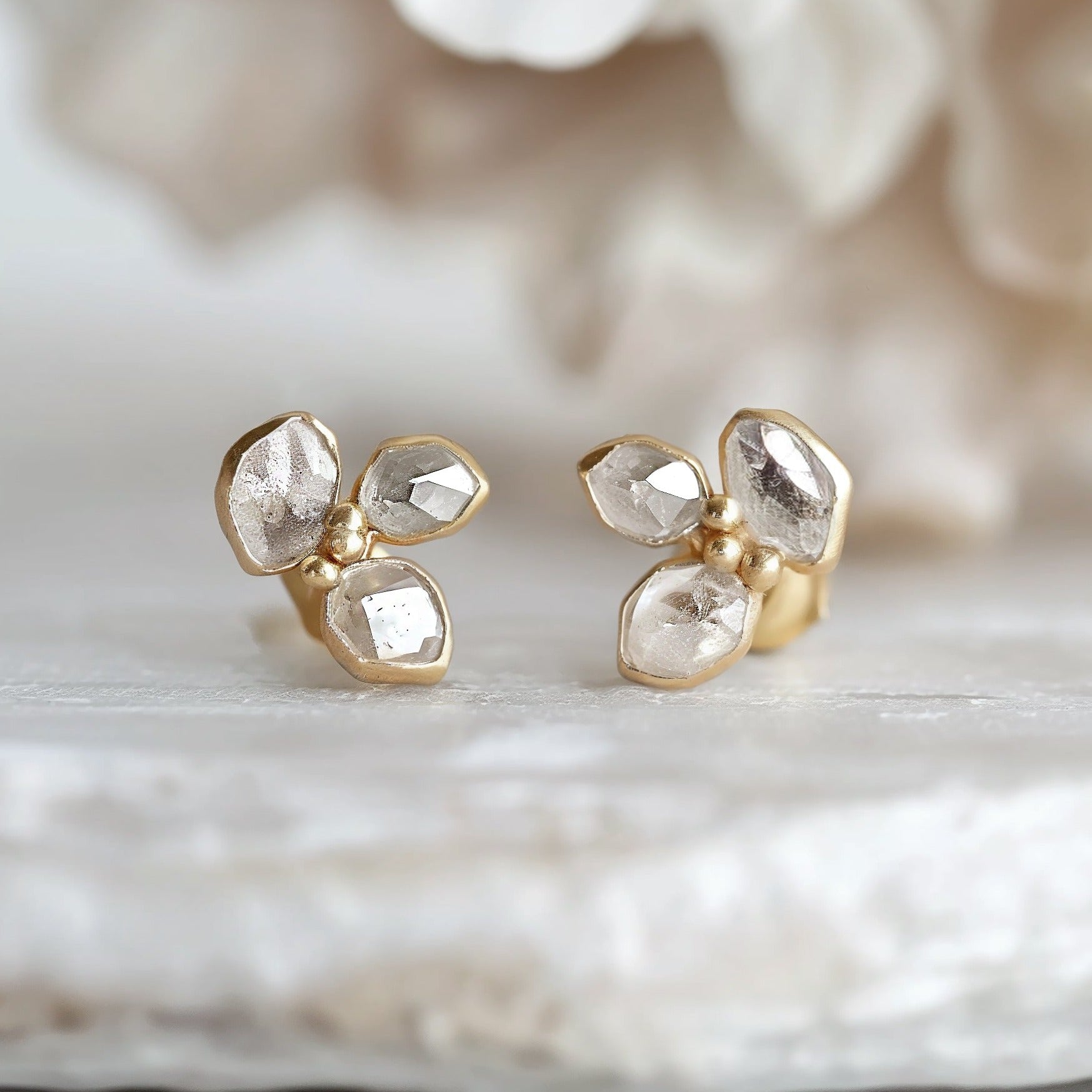 Raw Herkimer Diamond Earring Studs Solid Gold, Triple Herkimer Diamonds