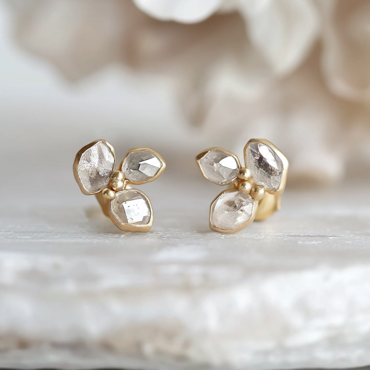 Raw Herkimer Diamond Earring Studs 14k Gold, Triple Herkimer Diamonds