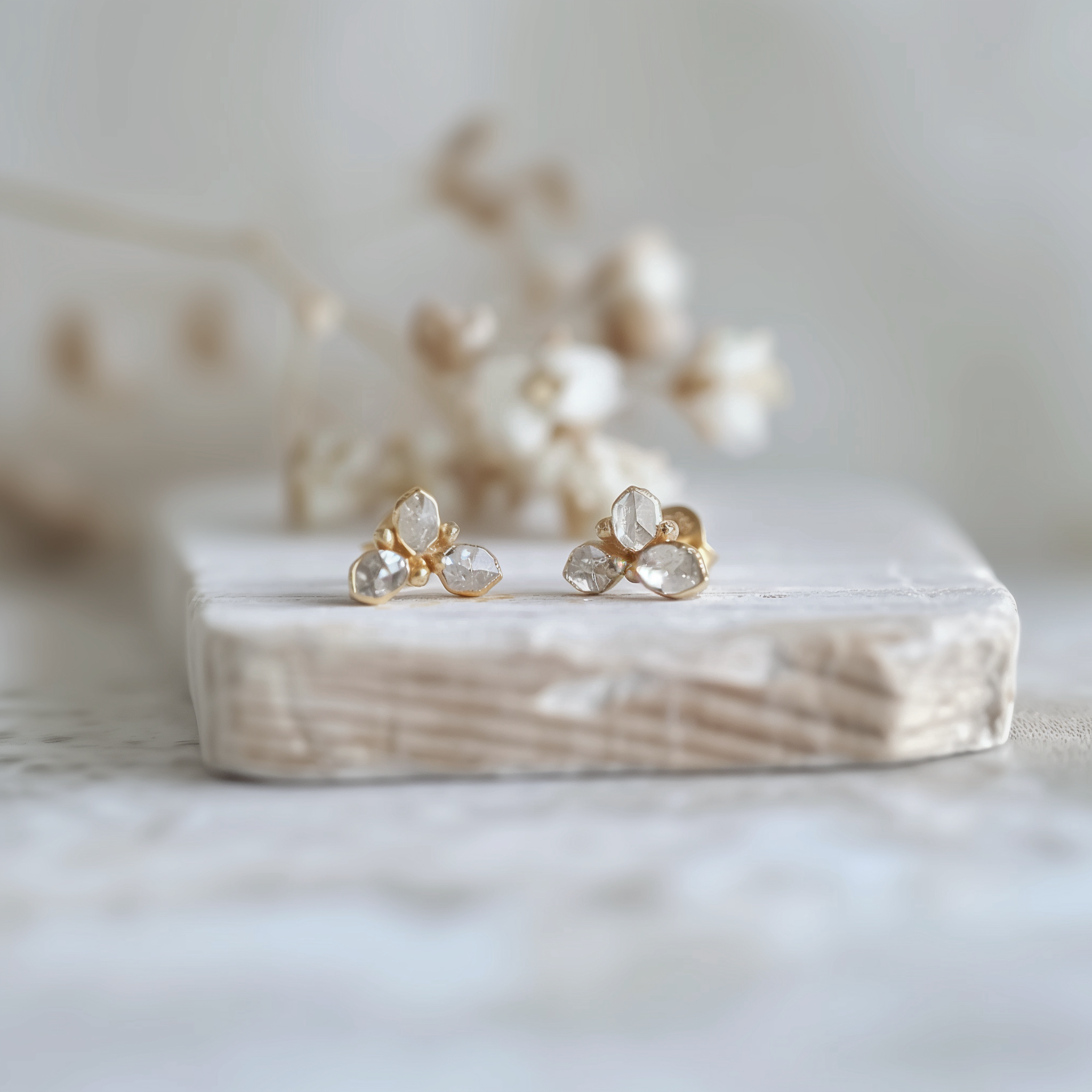 Raw Herkimer Diamond Dainty Studs, Triple herkimer Diamond Earrings