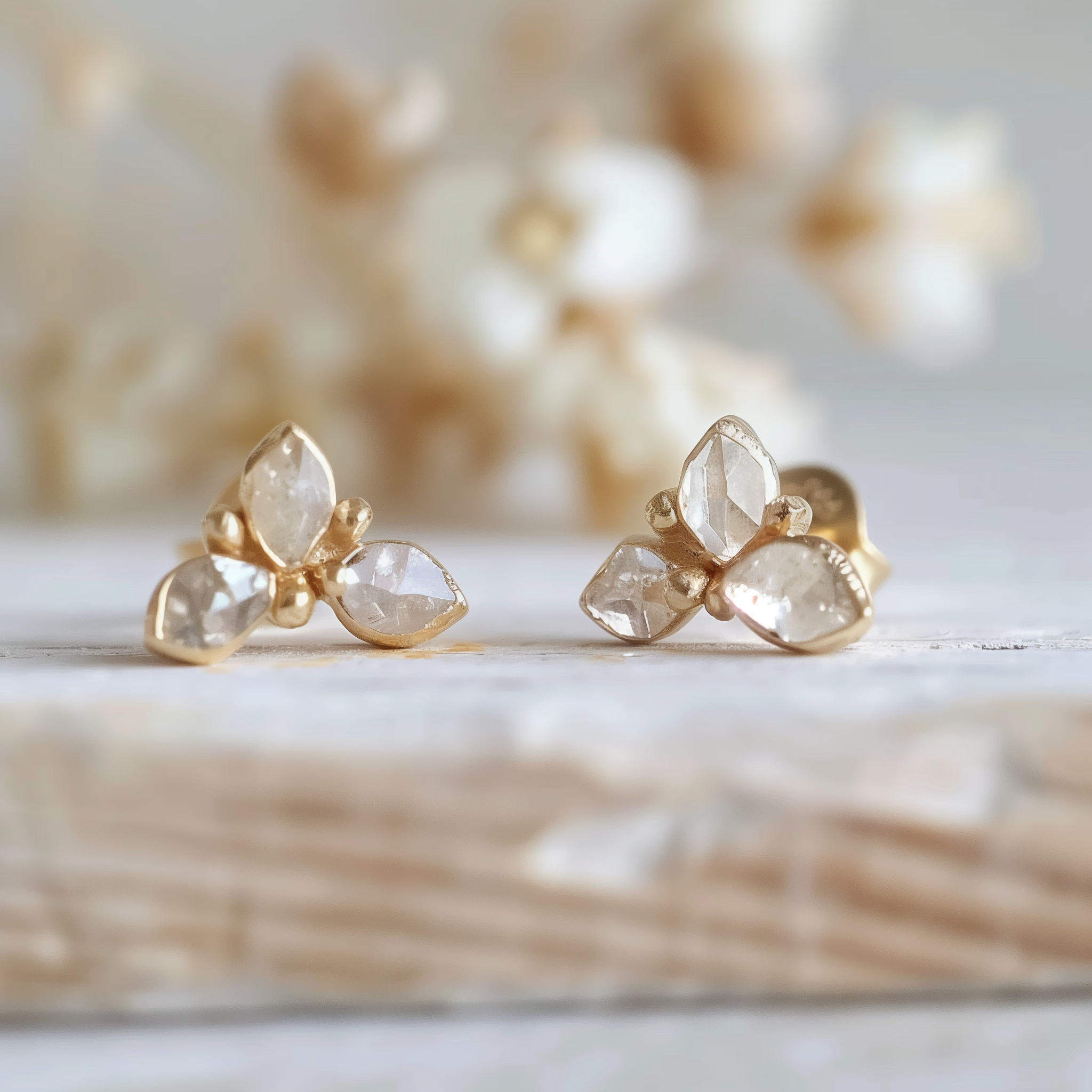 Raw Herkimer Diamond Dainty Studs, Triple herkimer Diamond Earrings