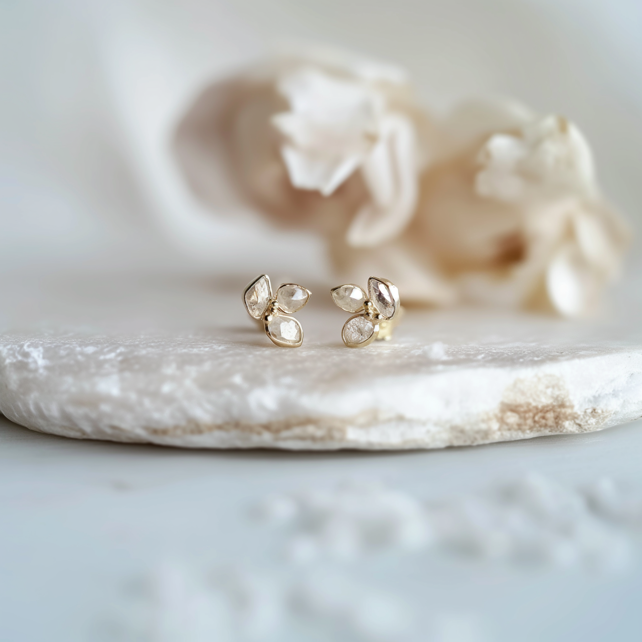 Raw Herkimer Diamond Earring Studs Solid Gold, Triple Herkimer Diamonds