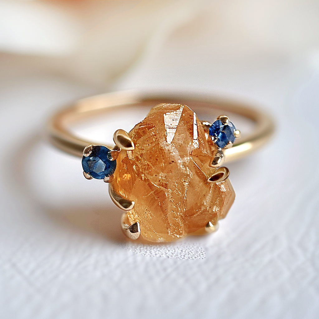 Raw Citrine Ring with sapphire