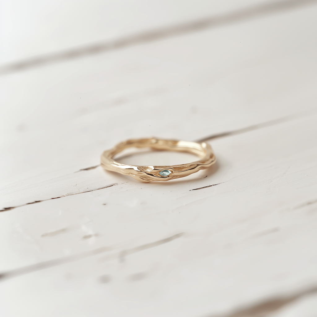 Waterflow 14k Gold Aquamarine ring, Free formed Wedding band