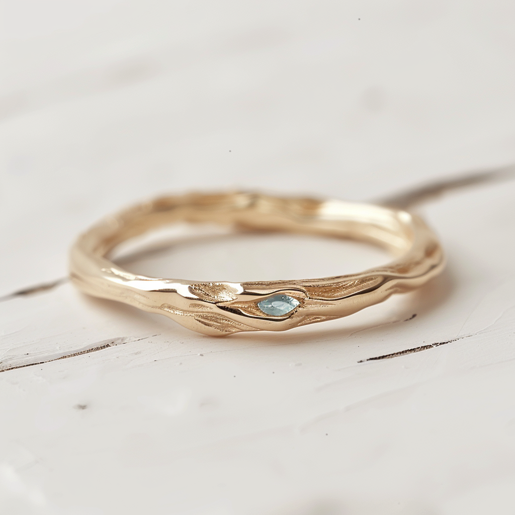 Waterflow 14k Gold Aquamarine ring, Free formed Wedding band