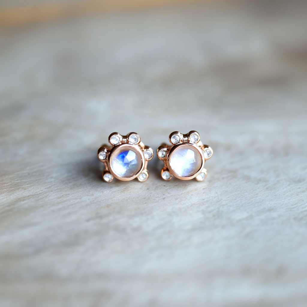Moonstone Studs with Moissanite