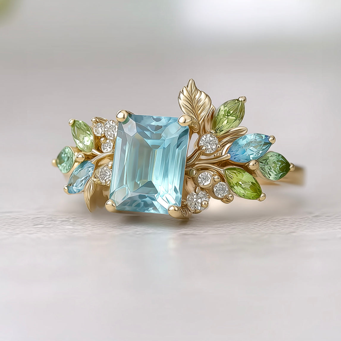 Elegant ring with a large blue gemstone and smaller green and blue stones on the shank