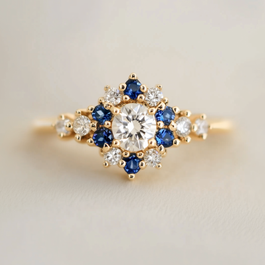 blue and white sapphire engagement ring