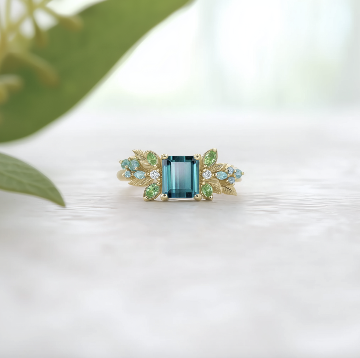 Blue Tourmaline Engagement Ring, Multicolor birthstone Tourmaline Engagement Ring