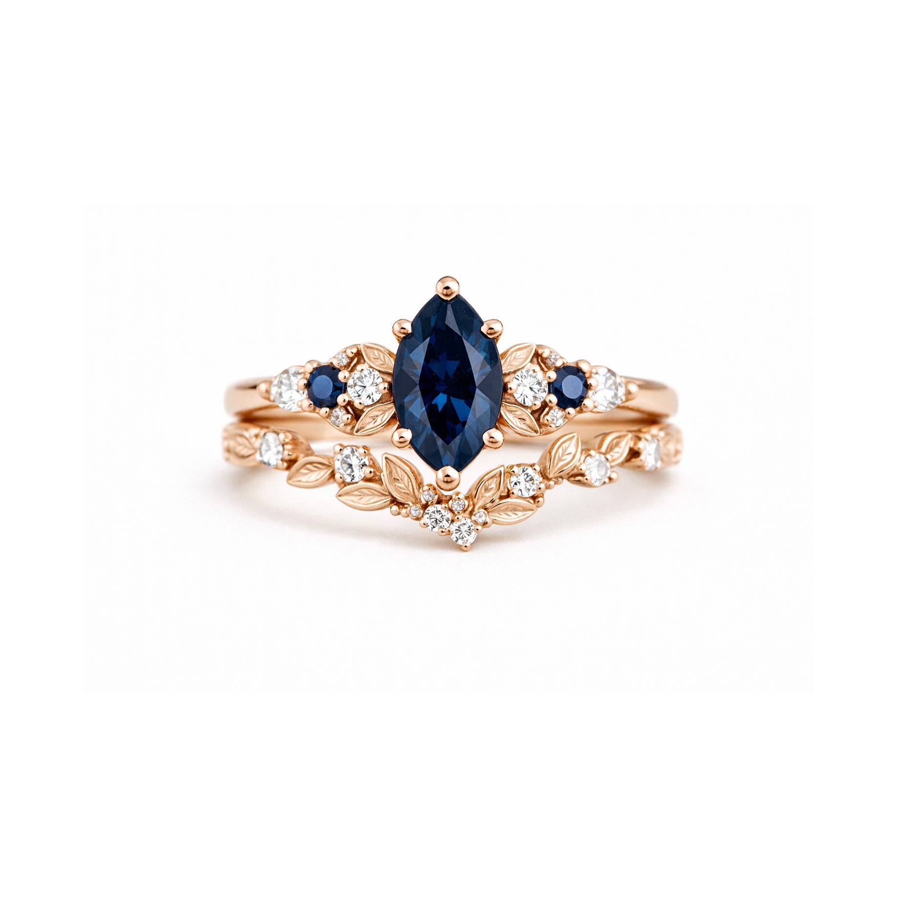 Everleaf marquise Sapphire ring, Blue Sapphire ring, Engagement Ring Set