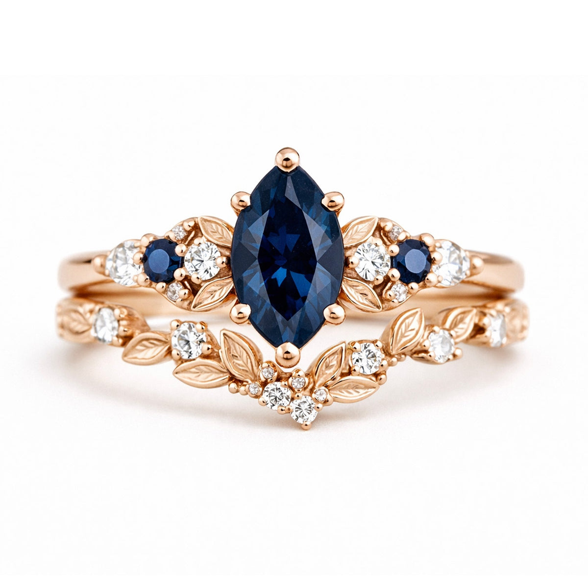 Rose gold ring with blue marquise sapphire and diamonds on a white background