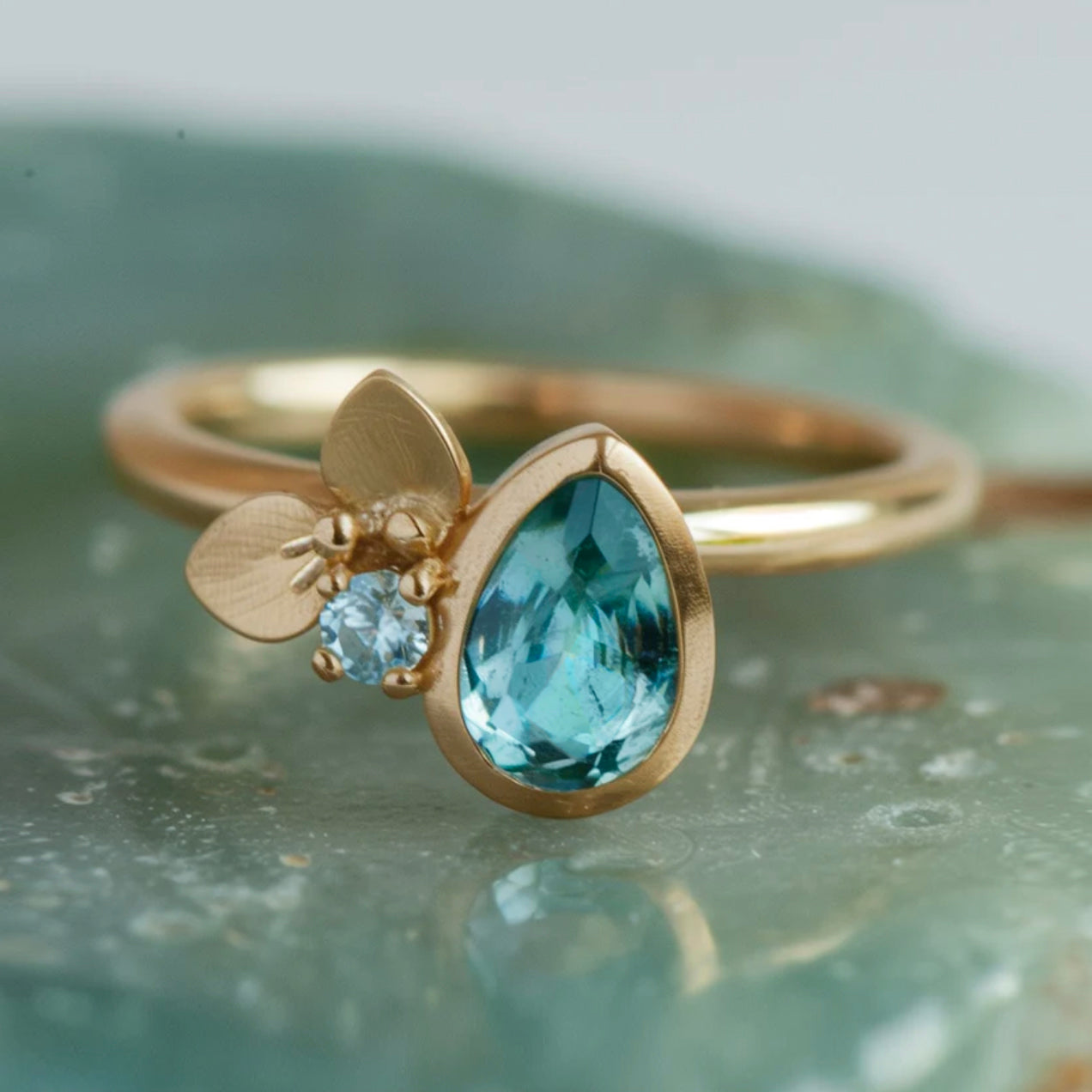 Water Lily Natural Apatite Engagement ring, Solid Gold Apatite ring