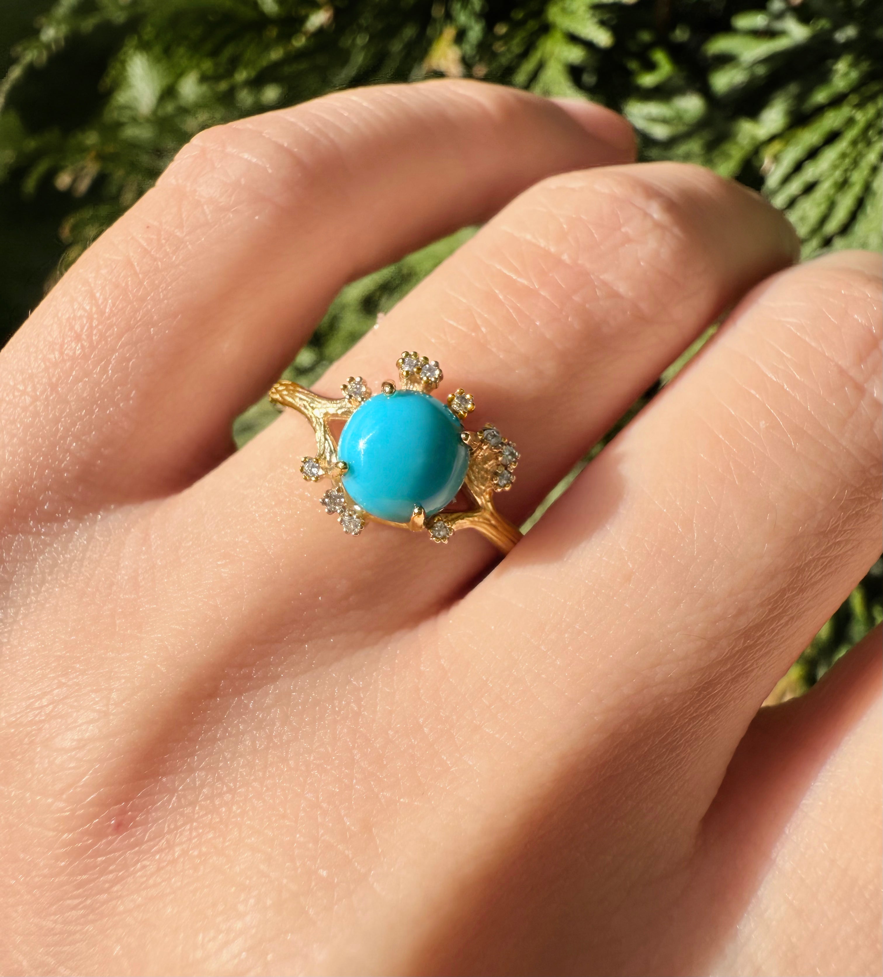 The Oculus 14k Gold Turquoise Engagement ring, Natural Turquoise Engagement ring, Floral Wedding Ring, Statement ring
