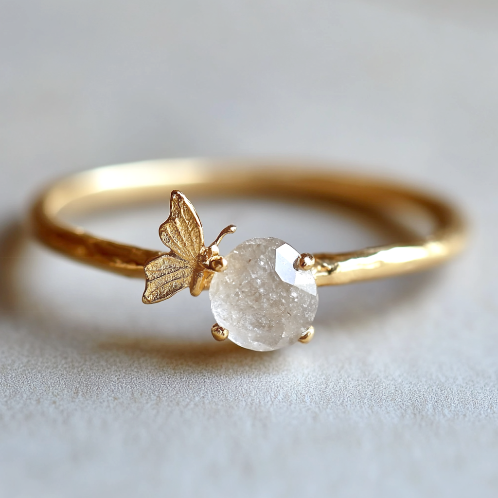 Lucky Butterfly Ring with Raw Diamond, Unique Raw Diamond Engagement Ring