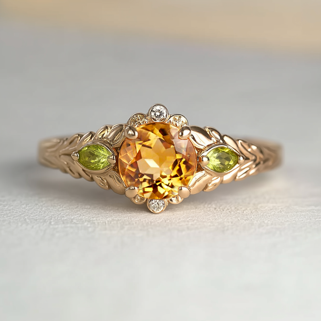 Gold ring with a yellow gemstone and green accents on a light background