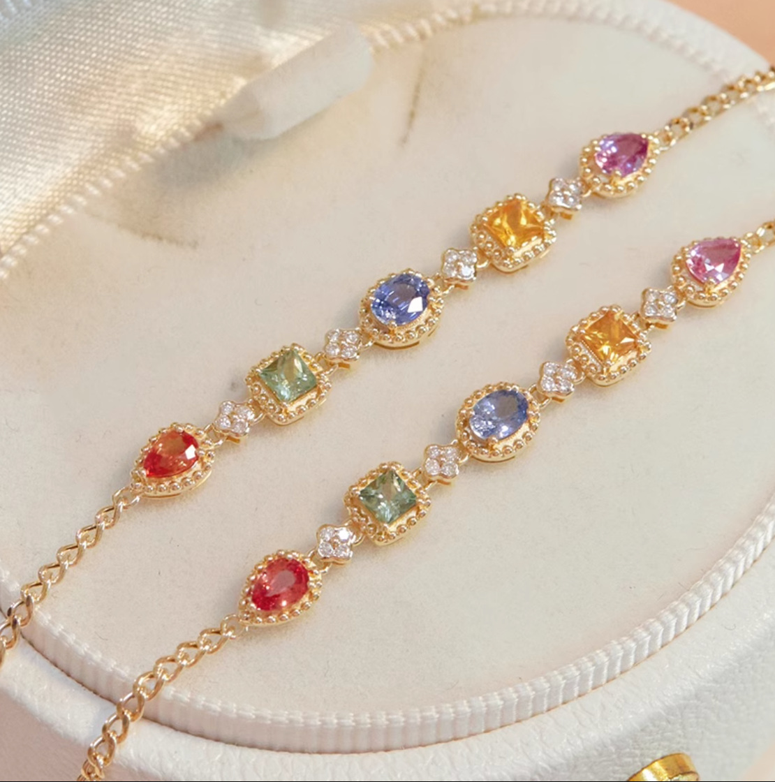 Color of Sapphire Bracelet, Solid 18k Gold Bracelet, Colorful Natural Sapphire Summer Bracelet