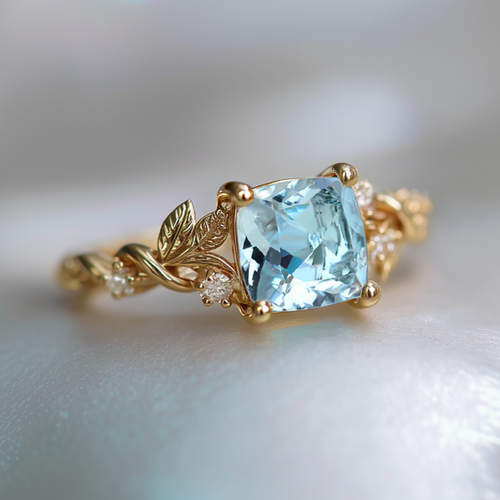 Gold ring with a blue gemstone on a light background