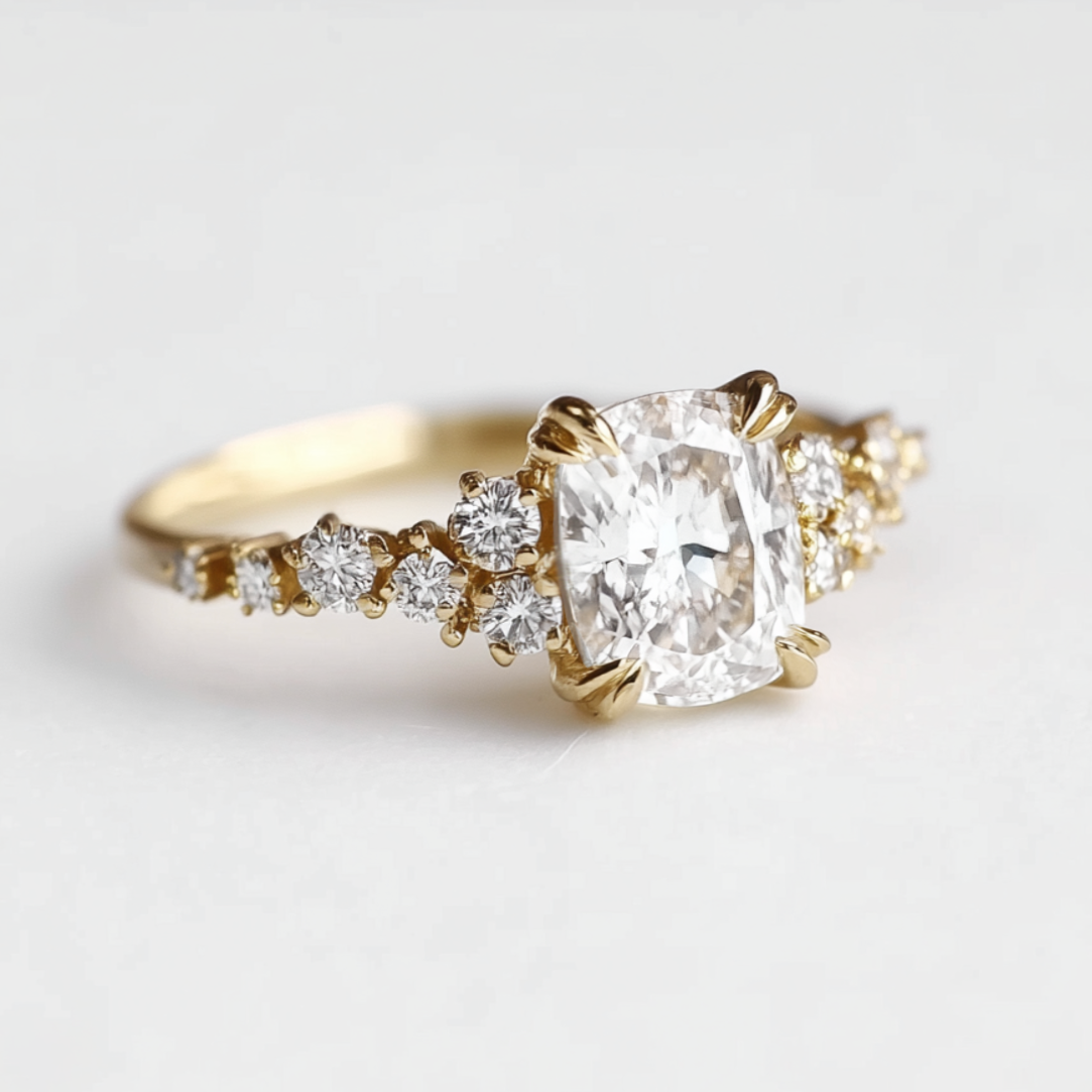 Gold ring with a cushion diamond and smaller diamonds on a light background