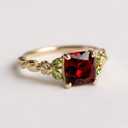 Gold ring with a red gemstone and green leaves on a light gray background