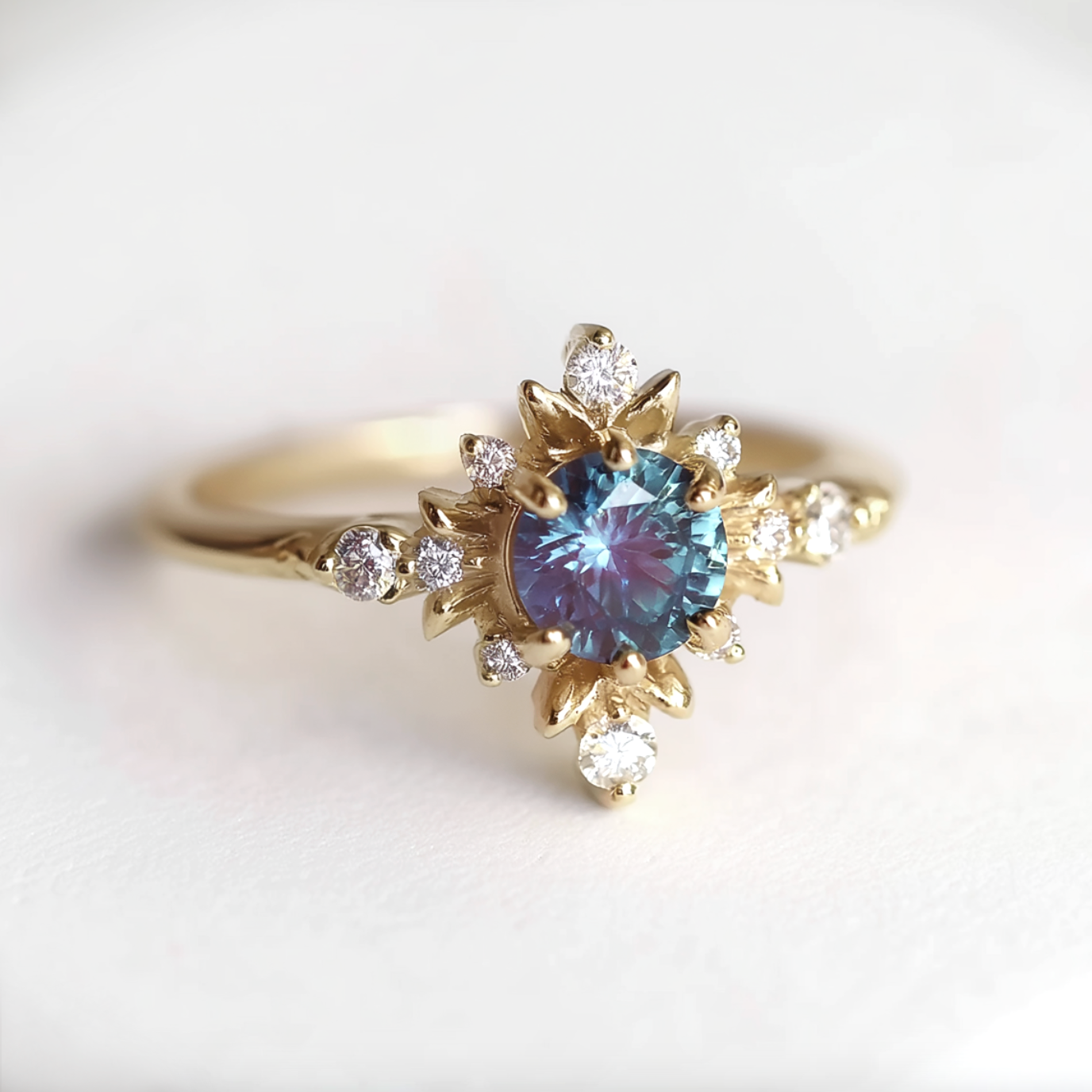 Gold ring with a blue gemstone and diamond accents on a light background