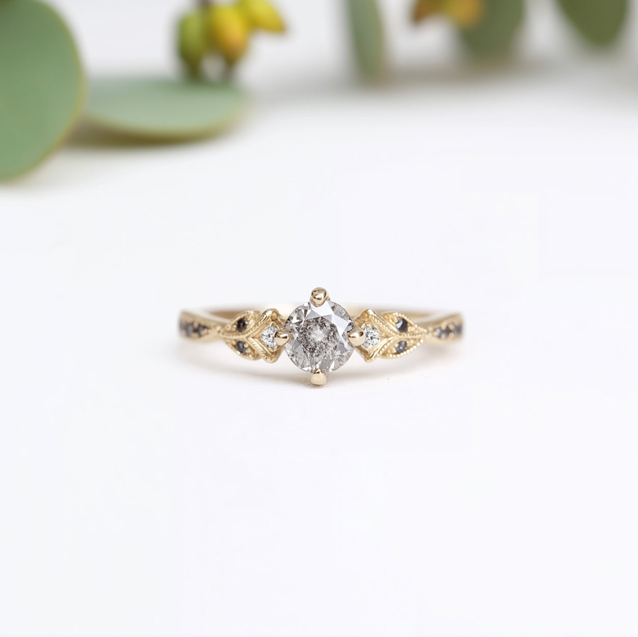 Dainty Salt and Pepper Diamond Ring, Diamond Engagement Ring