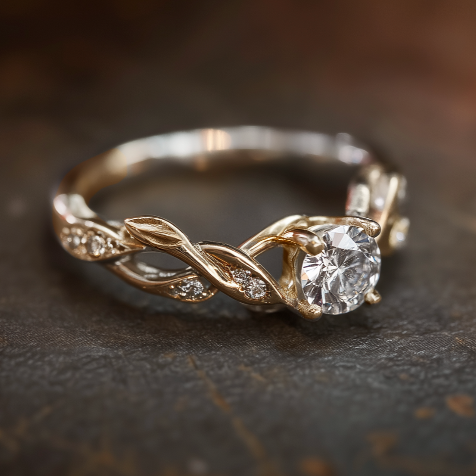 Gold ring with diamond on a dark textured surface