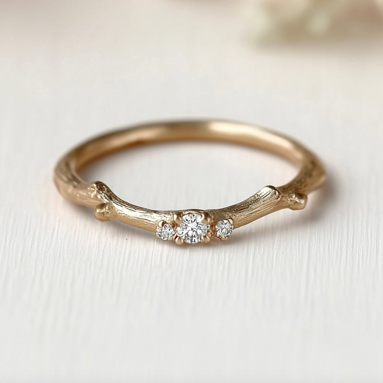 14k Gold Simple Diamond Twig Wedding Ring, Wedding Stacking Band Nature Inspired