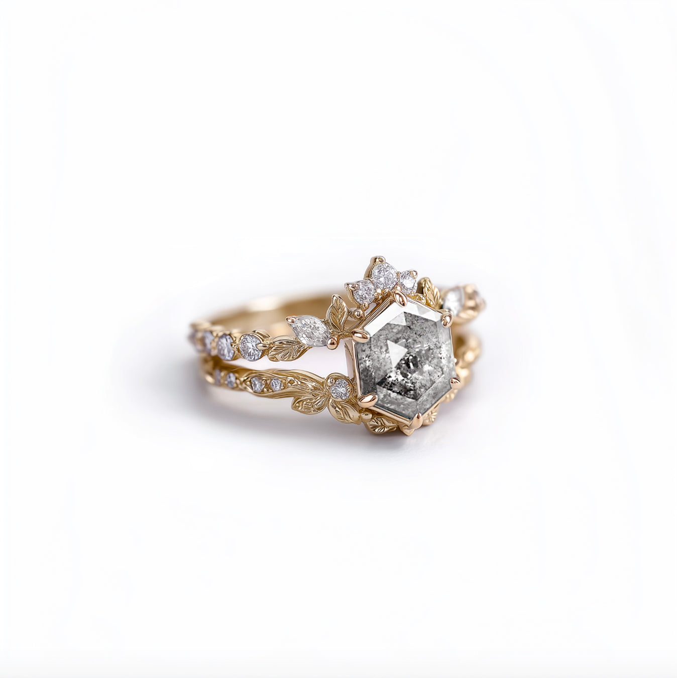 The Andora Set Hexagon Salt and Pepper Diamond Ring, Diamond Engagement Ring