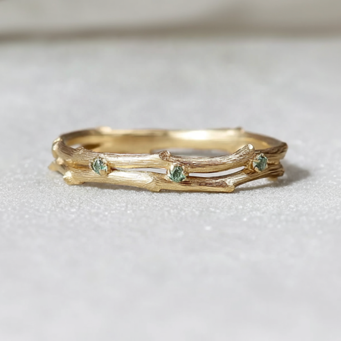 Green Sapphire Double Twig ring, Sapphire Wedding ring, Double Twig Band
