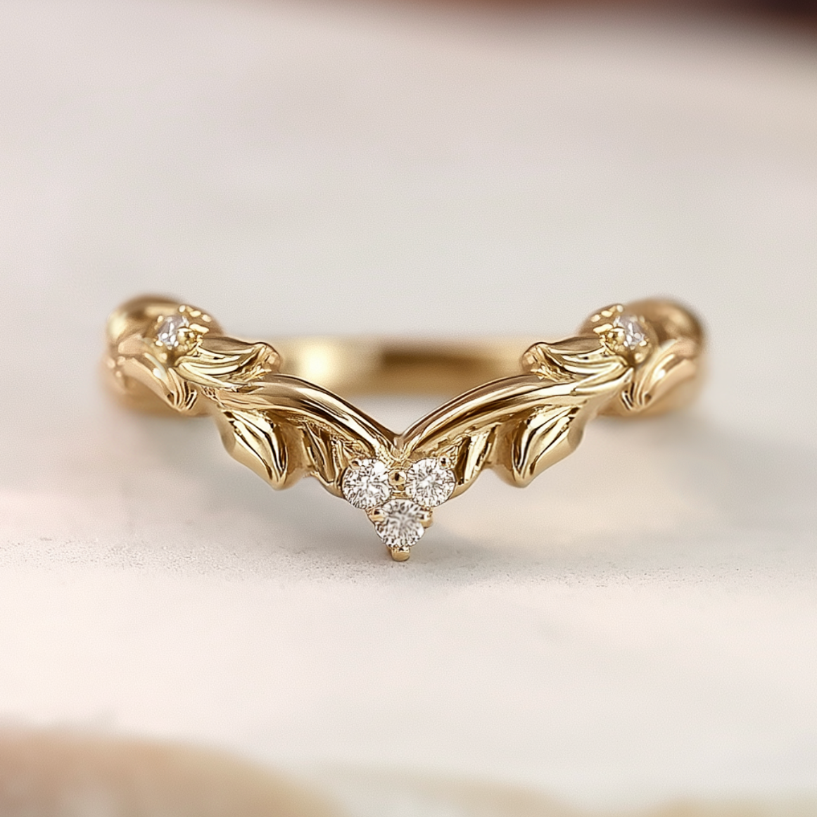 Elowen 14k Gold Wedding band, Twisted Leafy Diamond Wedding stacking Ring for women