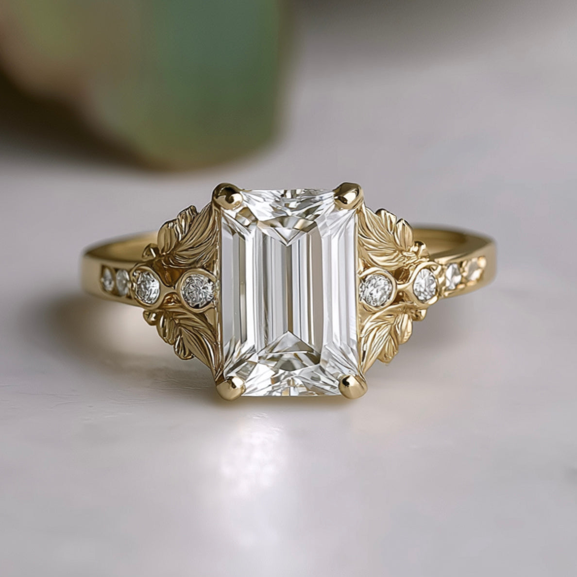 Gold ring with emerald-cut diamond and floral designs on a light background