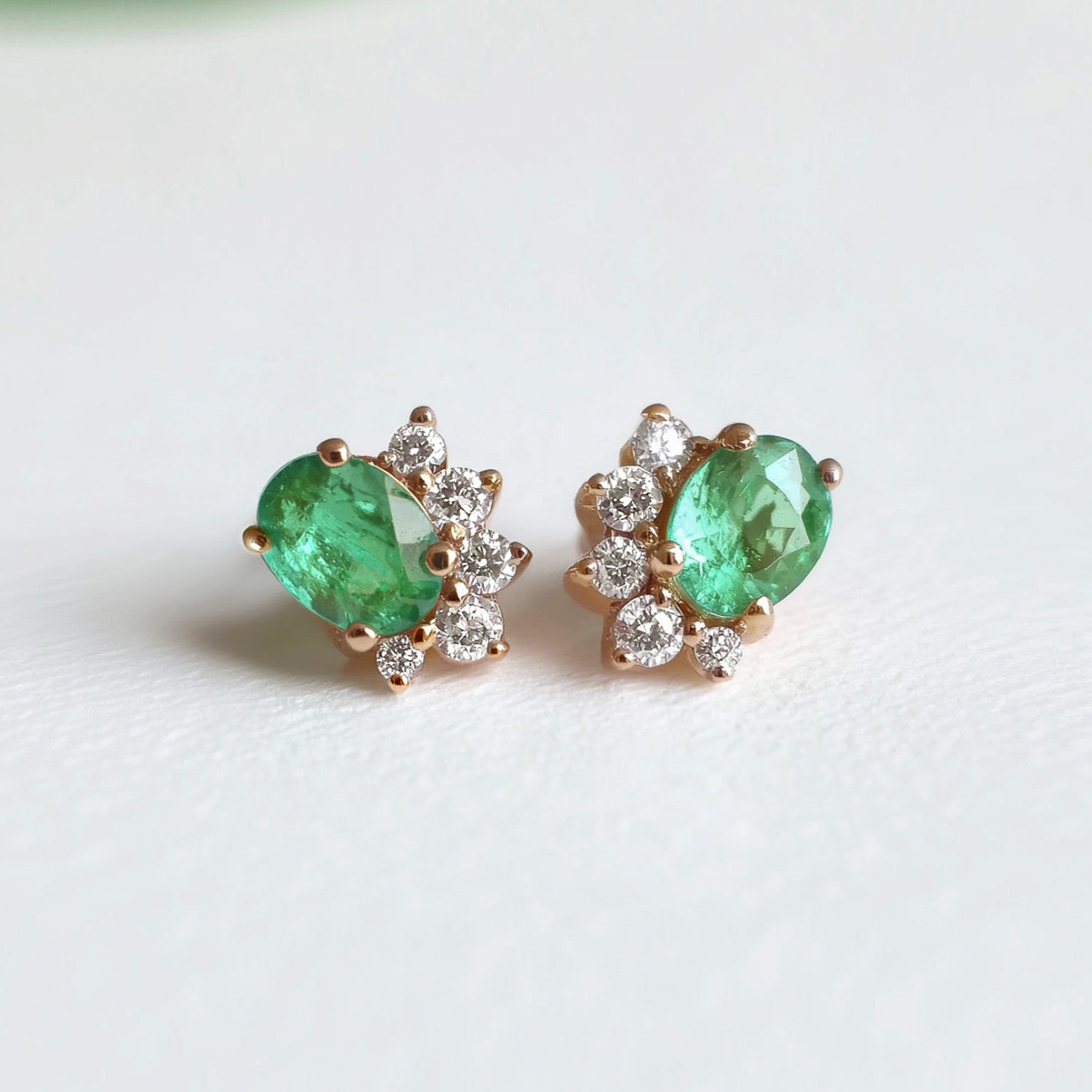 Oval Emerald Stud Solid Gold, Cluster Studs, Natural Emerald and diamond stud