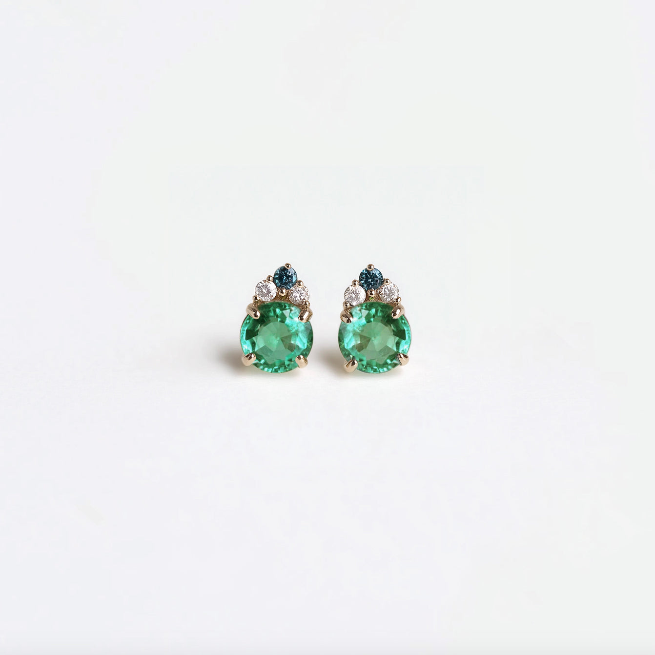 Round Emerald Stud Solid Gold, Natural Emerald and diamond stud