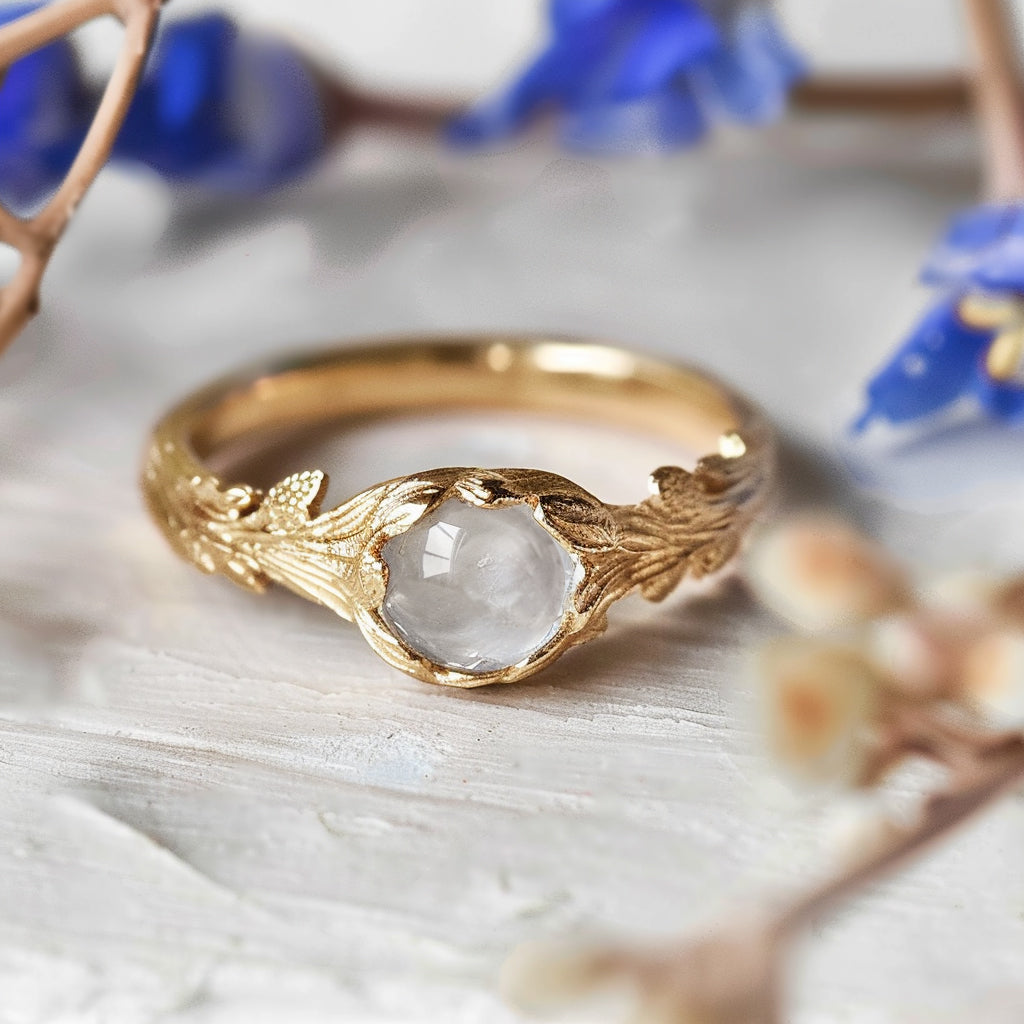 14k Gold White Moonstone Solitary Engagement Ring