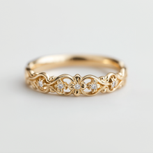 Load image into Gallery viewer, Diamond Dainty Gold Wedding Ring, Leafy Wedding band
