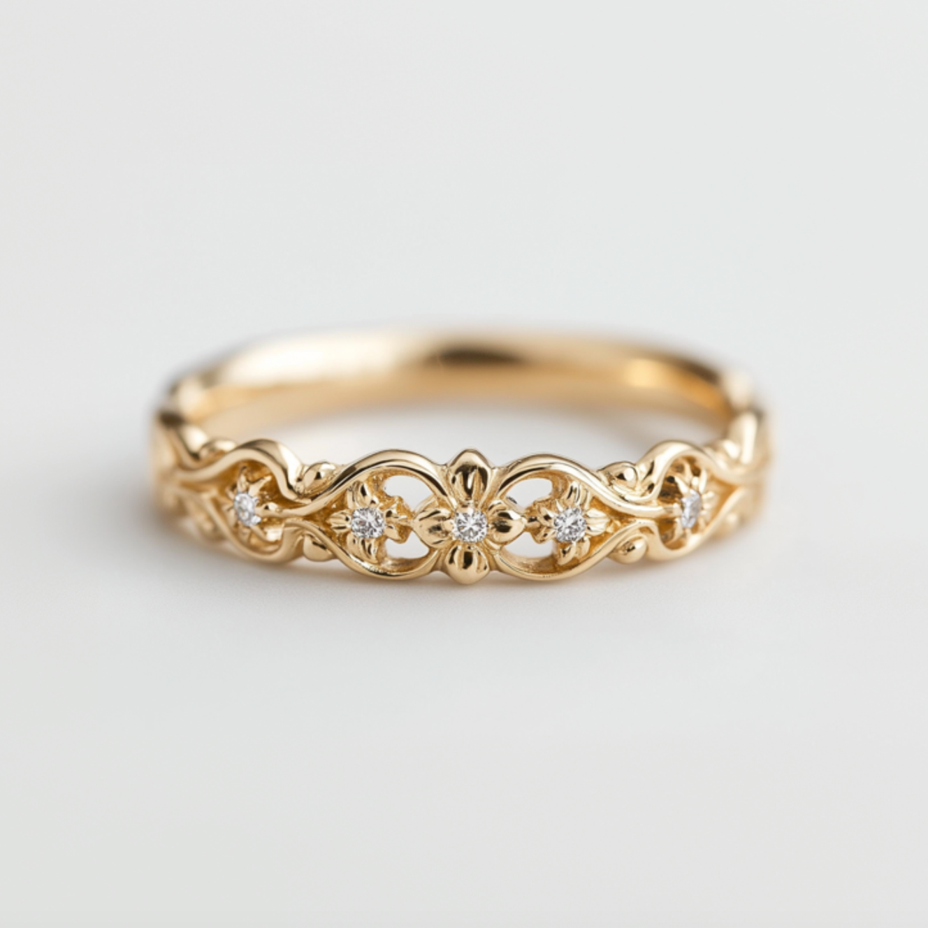 Diamond Dainty Gold Wedding Ring, Leafy Wedding band