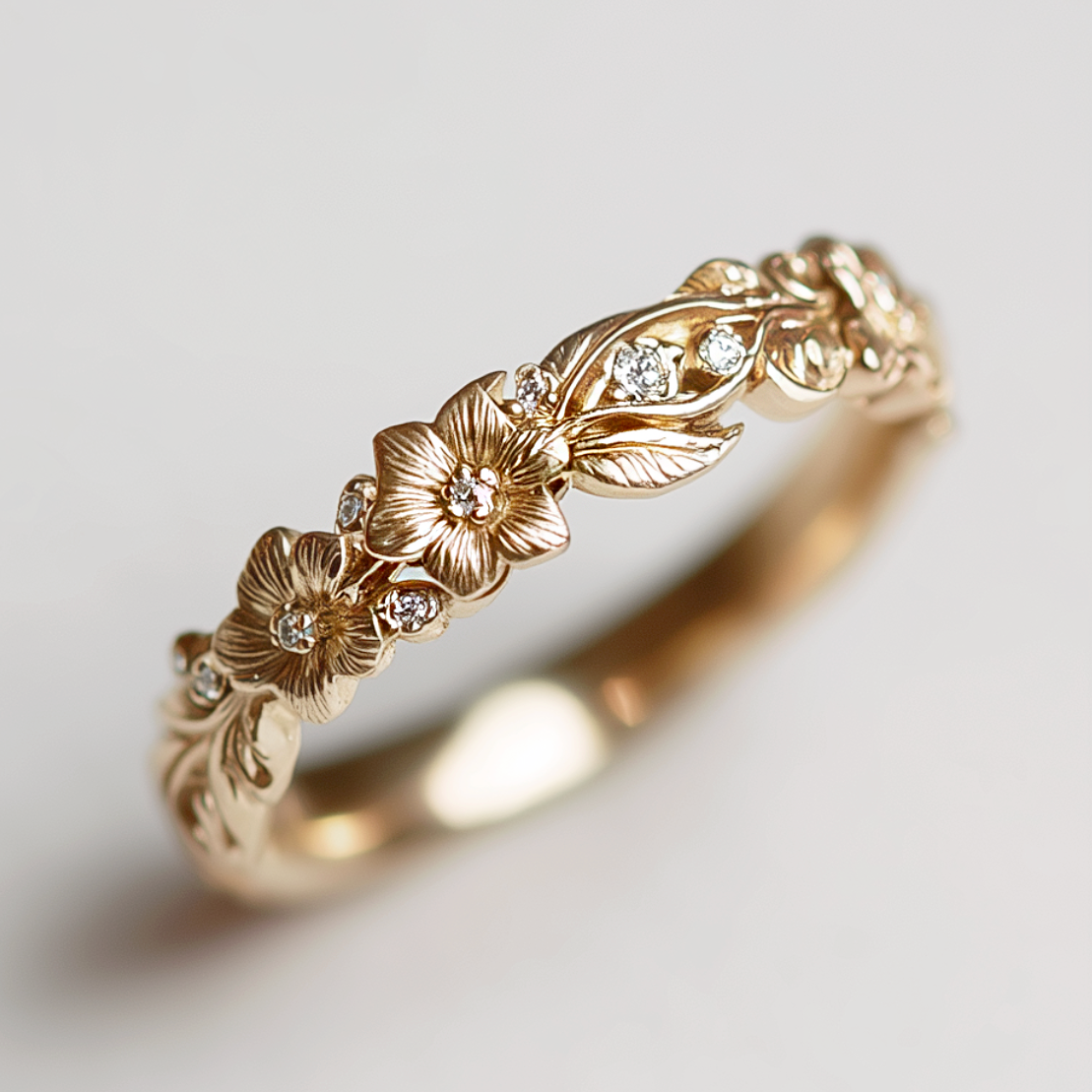 Yellow Gold Floral Diamond Wedding Band, Diamond Wedding Ring, Wedding Band