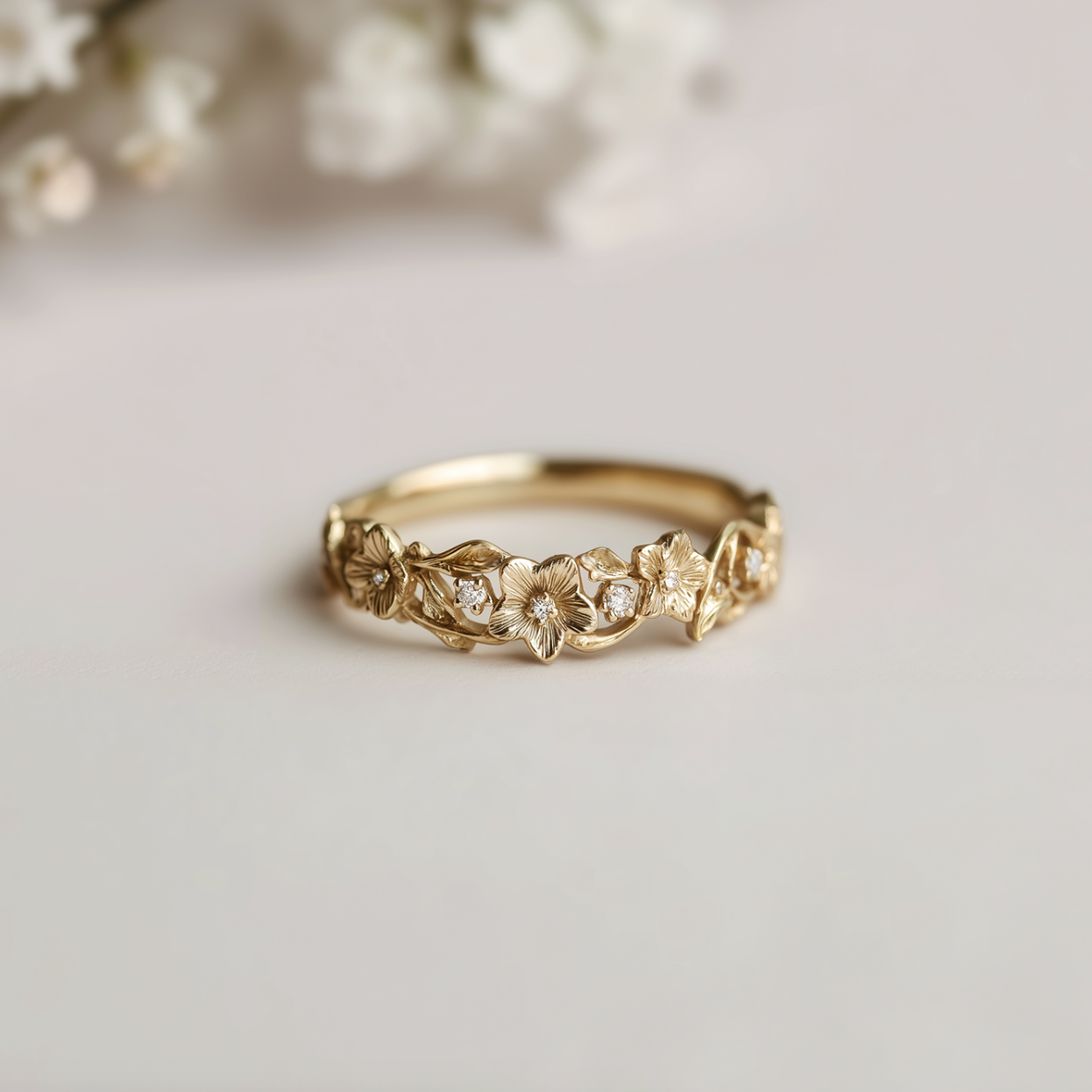 Morning Glory Wedding Band, Diamond Wedding Ring, Floral Wedding Band