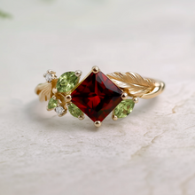 Load image into Gallery viewer, Gold Garnet Engagement Ring, Deep red Garnet engagement ring, Princess Cut Red Garnet Ring
